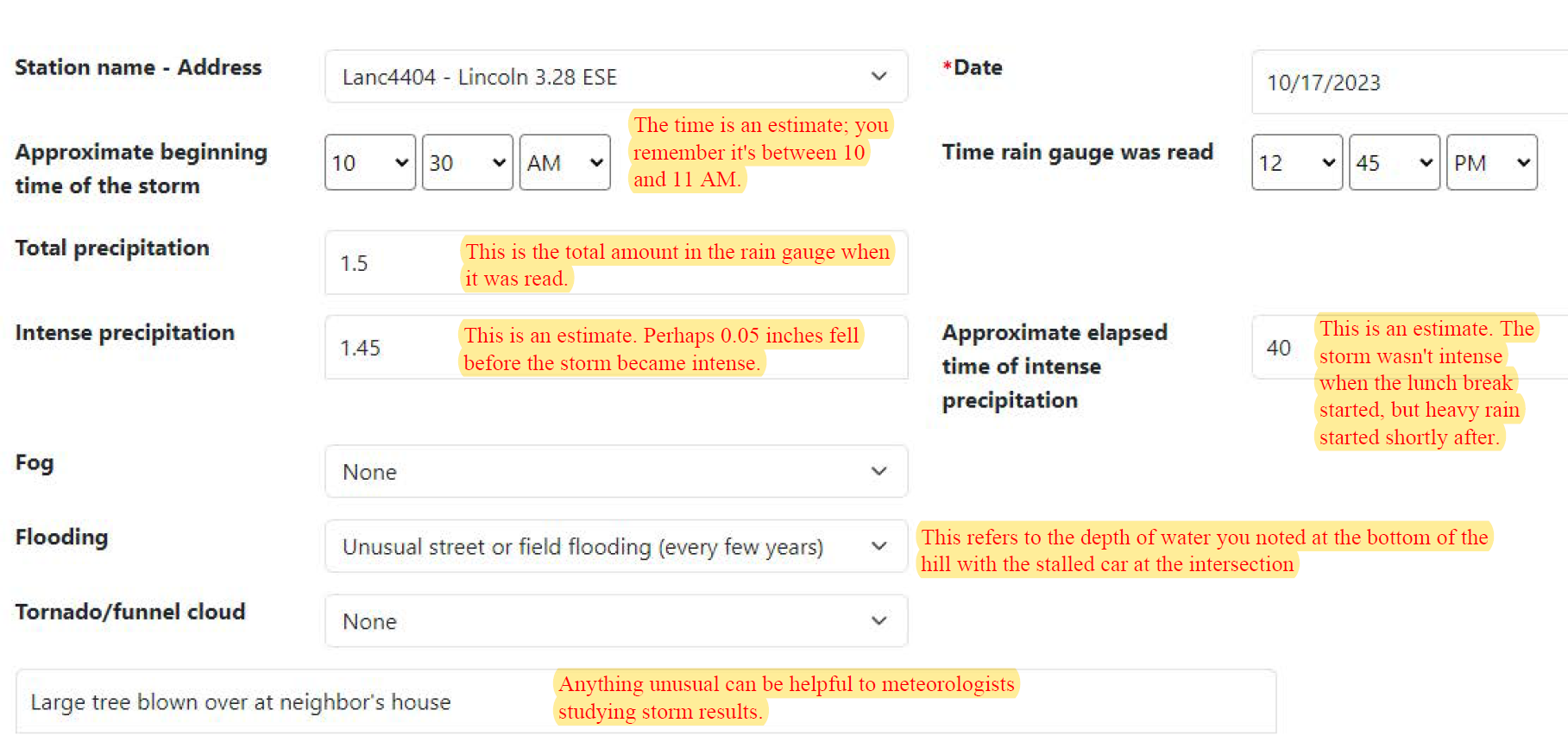 Example intense weather report form showing a completed sample.