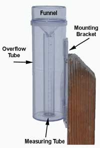 Rain gauge showing funnel, measuring tube, overflow tube, and mounting bracket.
