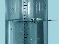 Rain gauge measuring tube marked in tenths and hundredths of an inch showing 0.30 inches.